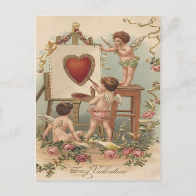 Carte Postale Peinture de cœur de Cupidon Roses Rose (Devant)