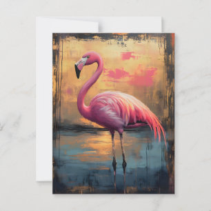 Carte Postale Peinture de coucher de soleil doré Flamant rose
