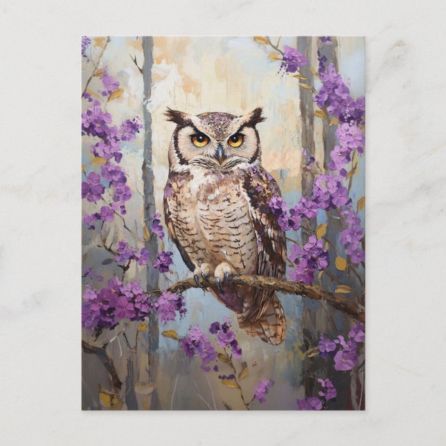 Carte Postale Peinture de fleurs pourpres perchées de hibou (Devant)