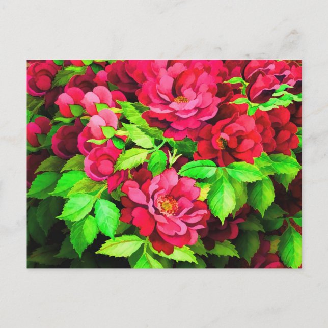 Carte Postale Peinture de fleurs rouges feuilles vertes (Devant)