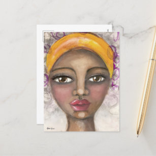 Carte Postale Peinture de la fille de cheveux violet amusant art