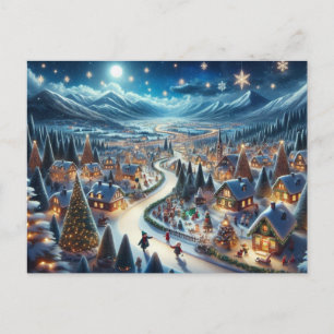 Carte Postale Peinture de la scène enneigée du village de Noël