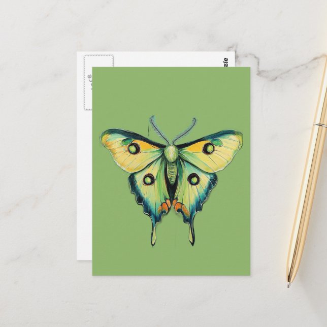 Carte Postale Peinture de papillon lunaire sur fond vert (Devant/Arrière en situation)
