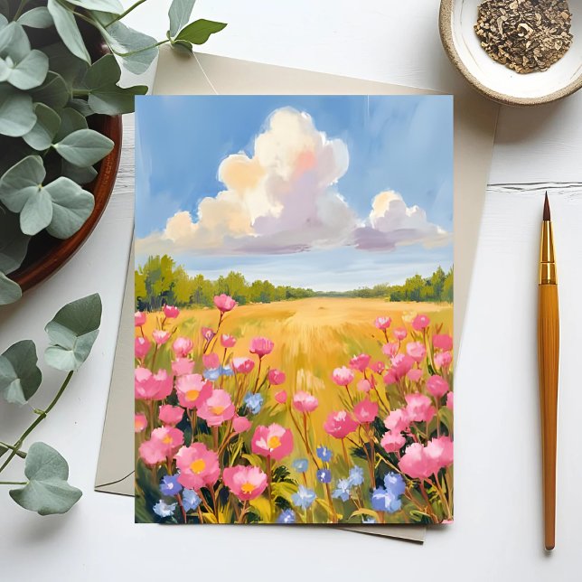 Carte Postale Peinture de paysage de champ de fleurs roses (Créateur téléchargé)