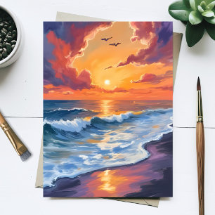 Carte Postale Peinture de paysage marin de coucher de soleil océ