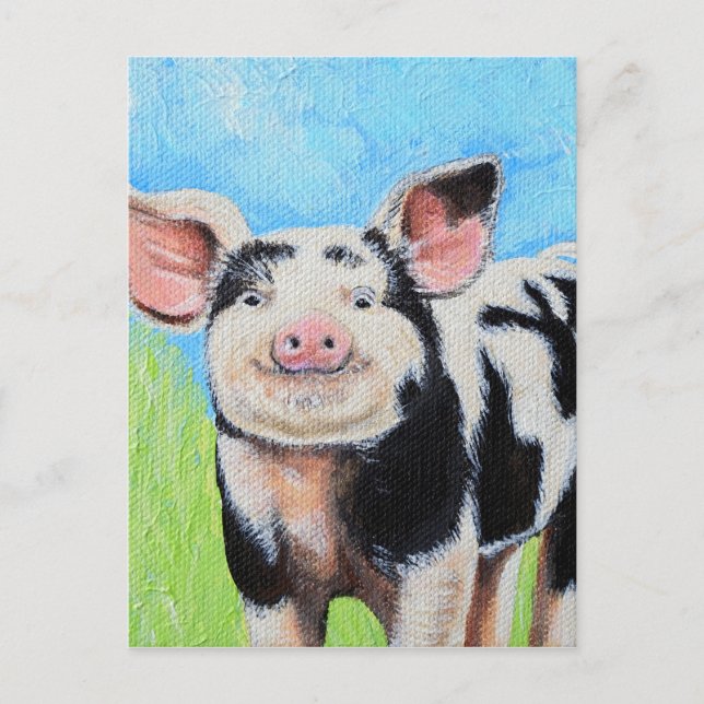 Carte Postale Peinture de petit cochon heureux (Devant)