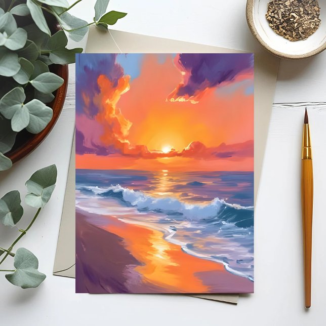 Carte Postale Peinture de plage de coucher de soleil orange heur (Créateur téléchargé)