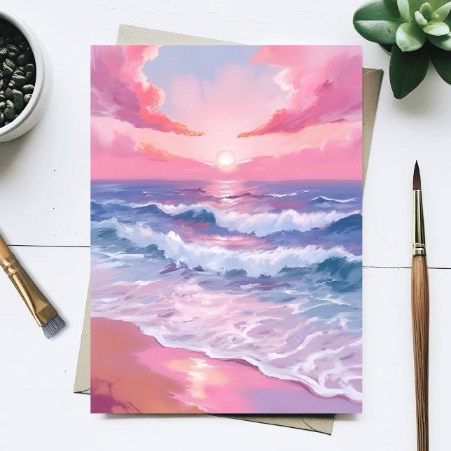 Carte Postale Peinture de plage de rivage océanique rose (Créateur téléchargé)
