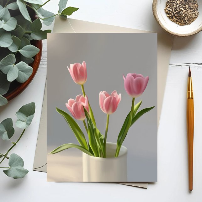 Carte Postale Peinture de réalisme de vase de tulipe rose (Créateur téléchargé)