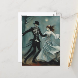 Carte Postale Peinture de squelette dansant et femme dans les bo