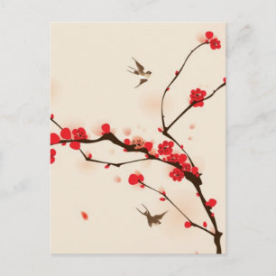 Carte Postale Peinture de style oriental, fleur de prune au prin