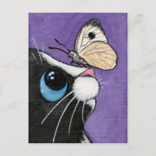 Carte Postale Peinture de Tuxedo Chat et Papillon blanc