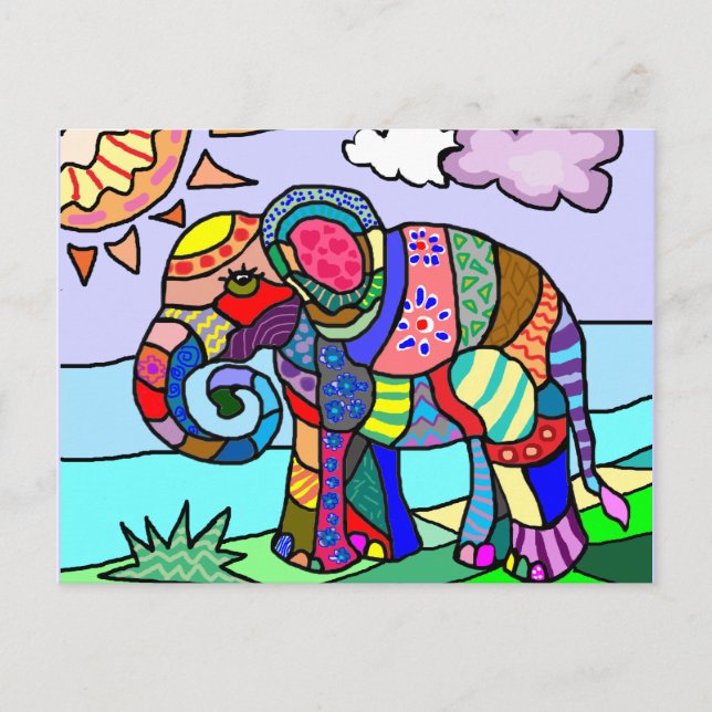 Carte Postale Peinture d'éléphant artistique colorée d'art popul (Devant)