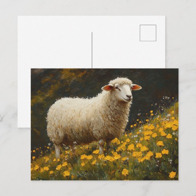 Carte Postale Peinture des fleurs de papillon de mouton (Devant / Derrière)
