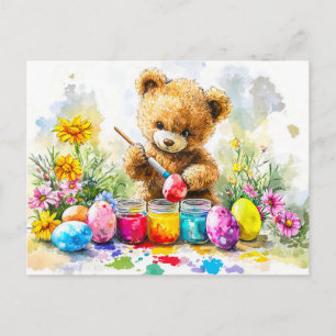 Carte Postale Peinture d'oeufs de Pâques par un ours en peluche
