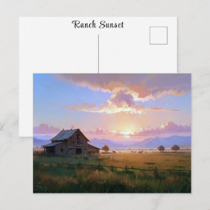 Carte Postale Peinture du coucher de soleil du ranch Ferme aband