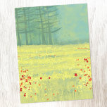 Carte Postale Peinture du paysage de prairie<br><div class="desc">Un paysage moderne et contemporain avec une paisible prairie fleurie remplie d'oiseaux volant contre le ciel et une forêt de pins au loin. Couleurs jaunes et vertes fraîches et relevantes. Art original de Nic Squirrell.</div>