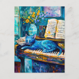 Carte Postale Peinture d'un chat dormant sur piano
