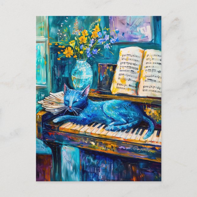 Carte Postale Peinture d'un chat dormant sur piano (Devant)