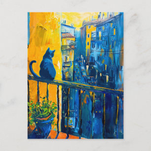 Carte Postale Peinture d'un chat sur Balcon Voile observant la v