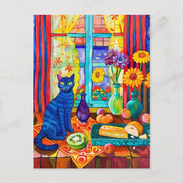 Carte Postale Peinture d'un chat sur la cuisine Table par fenêtr (Devant)