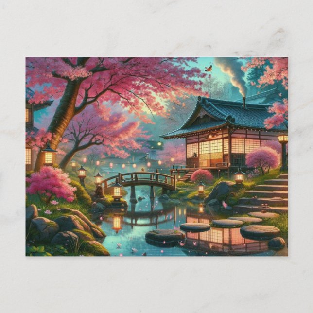 Carte Postale Peinture d'un jardin japonais tranquille au printe (Devant)