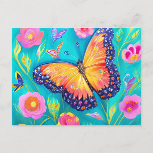 Carte Postale Peinture d'un papillon dans un champ de fleurs