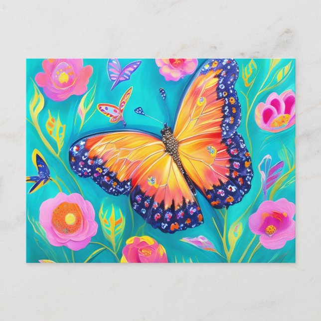 Carte Postale Peinture d'un papillon dans un champ de fleurs (Devant)