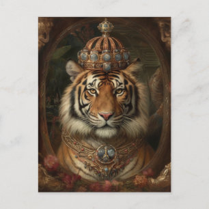 Carte Postale Peinture d'un tigre avec couronne et fleurs