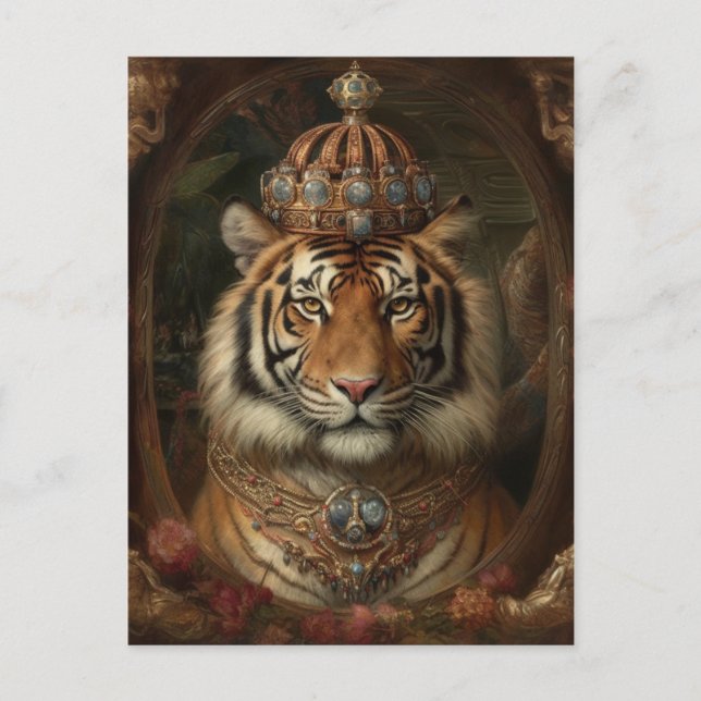 Carte Postale Peinture d'un tigre avec couronne et fleurs (Devant)