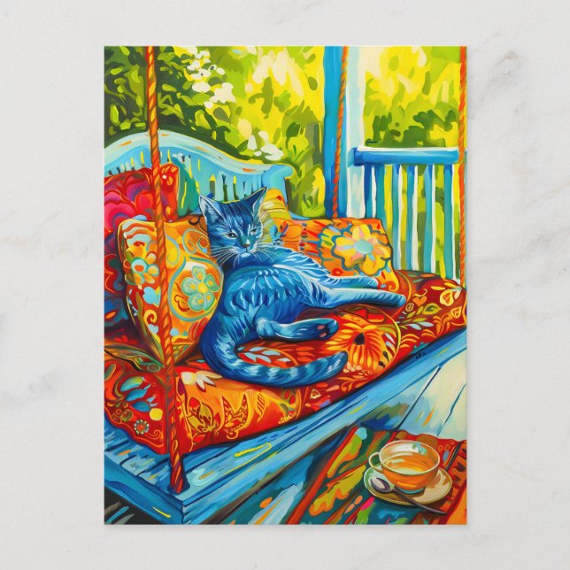 Carte Postale Peinture d'une cueillette de chats sur couture (Devant)