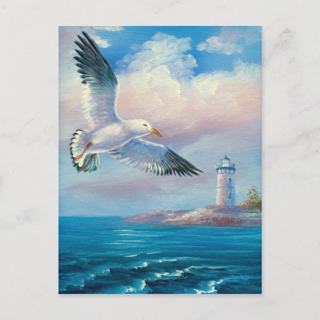 Carte Postale Peinture D'Une Mouette Volant Près D'Un Phare (Devant)