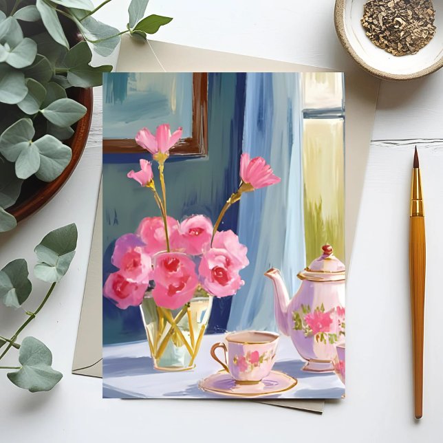 Carte Postale Peinture Fleur Rose Théière Florale (Créateur téléchargé)