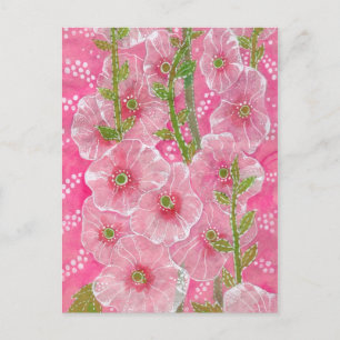 Carte Postale Peinture florale rose Hollyhock Malve Malva