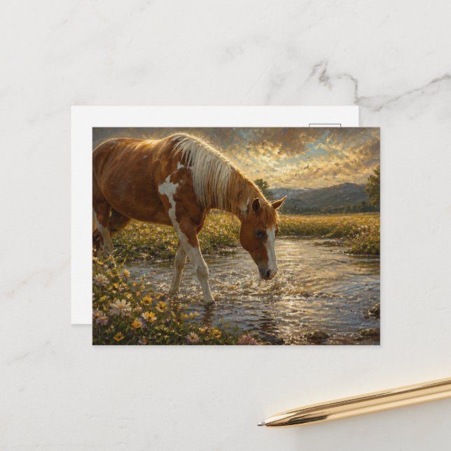 Carte Postale Peinture Jument Traversant le Ruisseau (Devant/Arrière en situation)