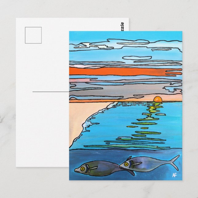 Carte Postale Peinture Lever de soleil sur l'océan 8 bits par Al (Devant / Derrière)