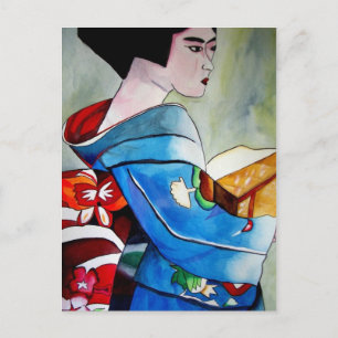 Carte Postale peinture originale d'aquarelle japonaise Geisha