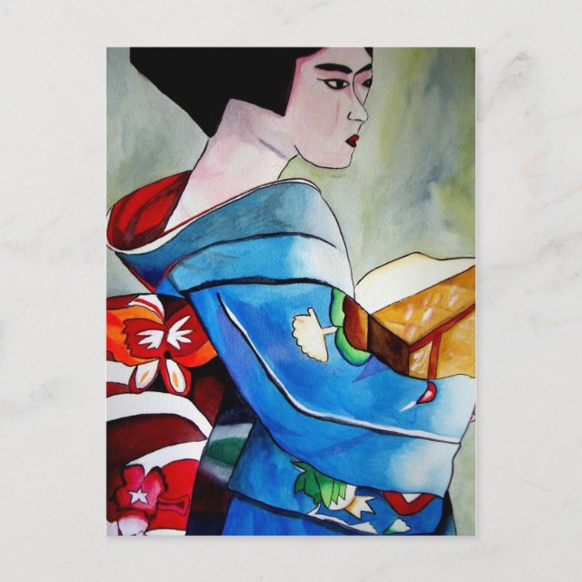 Carte Postale peinture originale d'aquarelle japonaise Geisha (Devant)