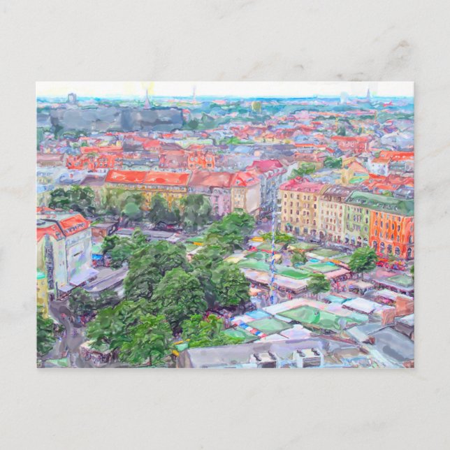 Carte Postale Peinture pastel du marché Viktualienmarkt de Munic (Devant)