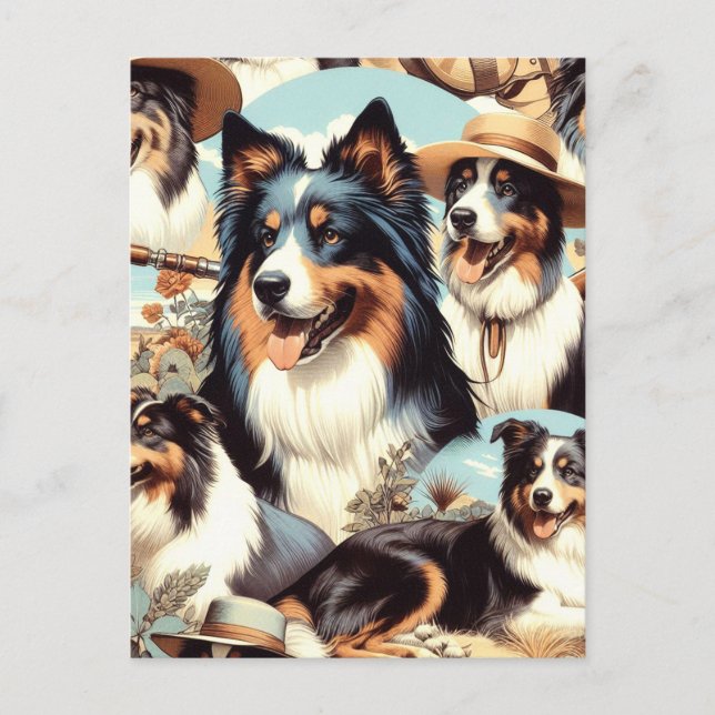 Carte Postale Peinture rétro Australian Shepherd sans couture (Devant)