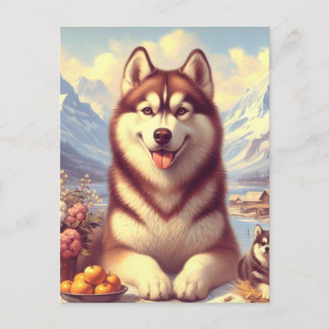 Carte Postale Peinture rétro Sibérienne Husky (Devant)