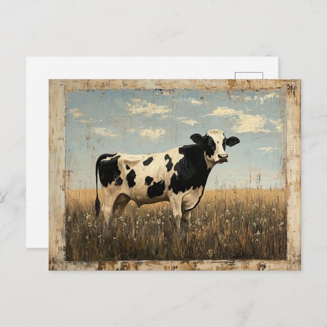 Carte Postale Peinture rustique d'une vache dans une prairie écl (Devant / Derrière)
