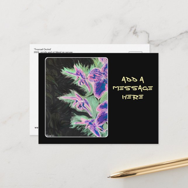 Carte Postale Peinture 'Tropical Orchid' sur une  (Devant/Arrière en situation)