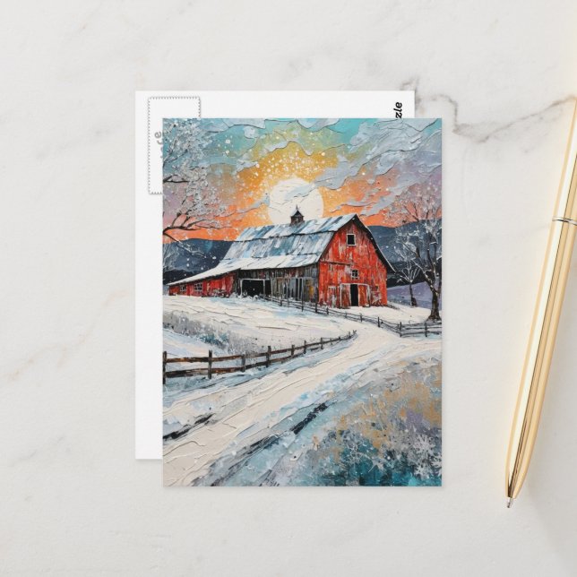 Carte Postale Peinture unique de grange d'hiver (Devant/Arrière en situation)