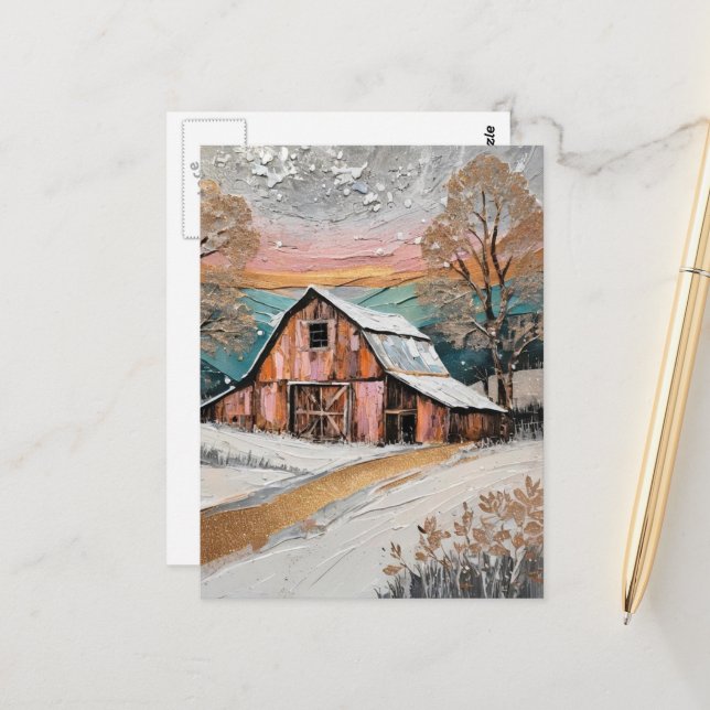 Carte Postale Peinture unique et belle de grange d'hiver (Devant/Arrière en situation)