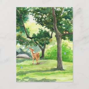 Carte Postale Peinture verte illustrée de la nature avec cerf