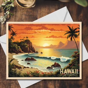 Carte Postale Peinture Vintage Hawaï Plage Paradis Tropical