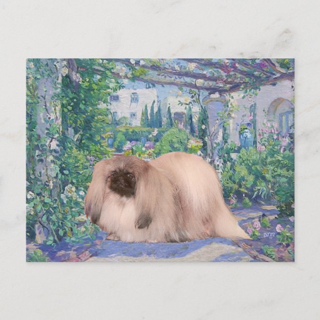 Carte Postale Pékinois dans un jardin fleuri (Devant)