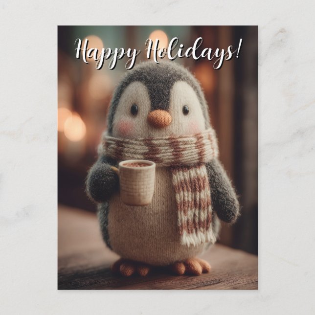 Carte Postale Peluche de pingouin tricotée mignonne avec écharpe (Devant)