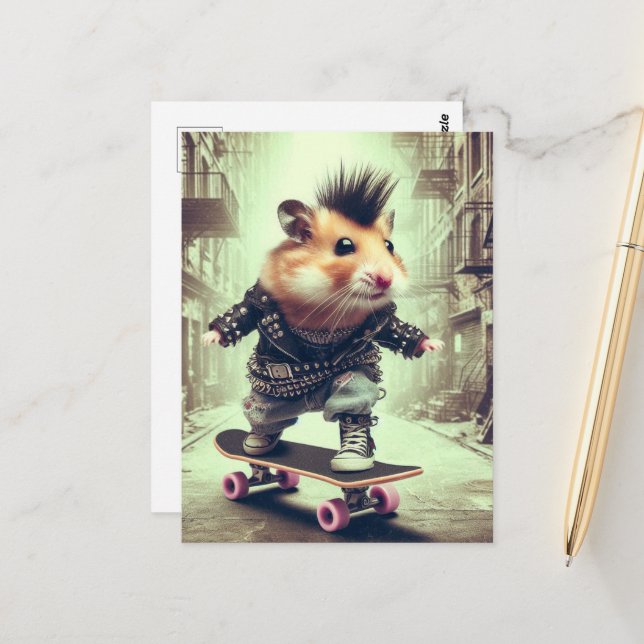 Carte Postale Pendk Rock Skateboard Hamster en Veste en Cuir (Devant/Arrière en situation)